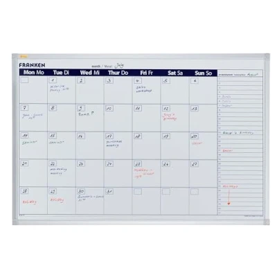 Abbildung von FRANKEN x tra!Line Monatskalender mit Vorplanung für den Folgemonat, lackiert, magnetisch, beschreibbar, trocken abwischbar, Aluminiumrahmen, Magnettafel zur Wandbefestigung, 90 60 cm, VO 7