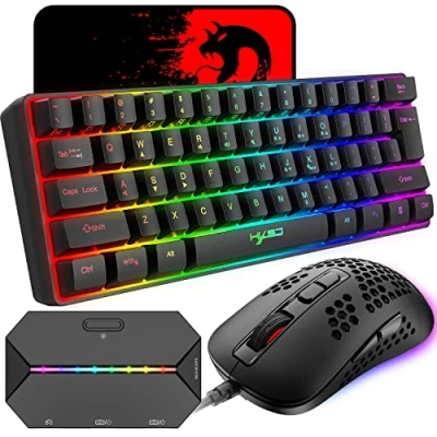 Abbildung von KUIYN 60% kabelgebundene kompakte Gaming Tastatur, 61 Tasten, 11 RGB volle Anti Ghosting + leichte Maus, 2400 DPI, optische Maus mit Wabenmuster, Adapter für PS4/Xbox Gamer, Schwarz