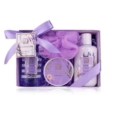 Abbildung von Accentra Duschset Frauen Geschenkset LAVENDEL in schöner Geschenkbox 4 teiliges Pflegeset mit Duschgel, Bodylotion, Körperbutter und Netzschwamm Geschenk Set zum Valentinstag &amp; Muttertag