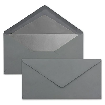 Abbildung von 50 Brief Umschläge DIN Lang Graphit/Dunkel Grau mit Silber Metallic Innen Futter 110 x 220 mm Nassklebung festliche Kuverts für Weihnachten