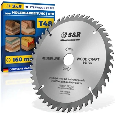 Abbildung von S&amp;R Kreissägeblatt TCT Hartmetall 160mm 48 Zähne für Kappsäge, Gehrungssäge und Handkreissäge Mehrzweck Rundsägeblatt mit Reduzierringen, Holz Arbeit, Weichholz, Hartholz Wood Craft Bearbeitung