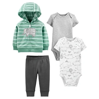 Abbildung von Simple Joys by Carter&#039;s Baby Jungen 4 Piece Jacket, Pant, and Bodysuit Layette Set, Dunkelgrau/Grau/Minzgrün Elefant/Weiß Waldtiere, 0 Monate
