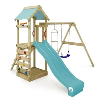 Abbildung von Spielturm FreeFlyer mit Schaukel &amp; pastellblauer Rutsche