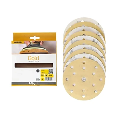 Abbildung von Mirka Gold Universal Schleifpapier Ø 150mm Schleifscheiben Klett 15 Loch, Korn P240, 10 Stk / Zum Schleifen von Gips, Spachtel, Spanplatten, Holz, Lack