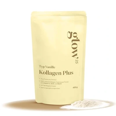 Abbildung von Glow25® Collagen Plus Typ Vanille [450g] Kollagen Hydrolysat mit Vitamin C, Zink und Biotin Peptide 1 3 Gute Löslichkeit