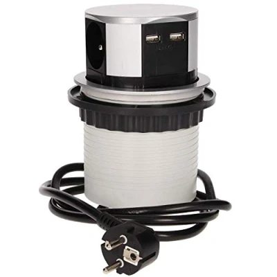 Abbildung von ORNO OR AE 1342 Versenkbare Einbau Steckdosenleiste 3 Fach + 2X USB, 3680W max,Ø10cm,1,5m Kabellänge,Typ E Französisch Steckdose