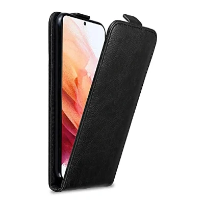 Abbildung von Cadorabo Hülle kompatibel mit Samsung Galaxy S21 5G Flip Design aus Premium Kunst Leder Klappbare Stoßfeste Magnetische Cover für Tasche in Schwarz