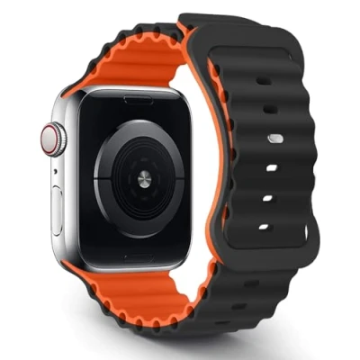 Abbildung von TANAKEY Ocean Armband Kompatibel für Apple Watch Ultra 49/45/44/42mm, Sport Silikon Ersatzarmband iWatch Serie 9/8/7/6/5/4/3/2/1/SE (49/45/44/42mm, Schwarz/Orange)
