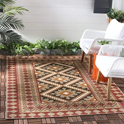 Abbildung von SAFAVIEH Boho Teppich für Wohnzimmer, Esszimmer, Schlafzimmer Veranda Collection, Kurzer Flor, Rot und natürlich, 122 X 170 cm