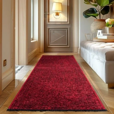 Abbildung von Carpettex, Chenille Teppich Baumwolle Läufer Rot 80x150 cm Waschbar, Boho Stil, Kurzflor, Vintage Kelim, rutschfest &amp; Weich, Einfarbig, Für Küche, Flur Schlafzimmer