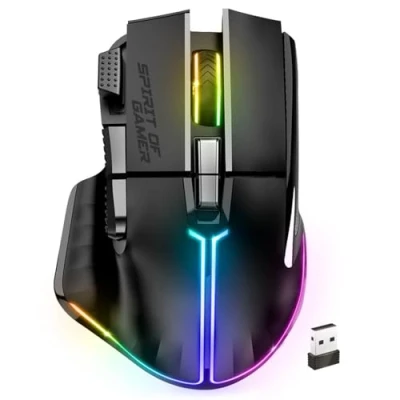 Abbildung von Spirit of Gamer PRO M5, Kabellose RGB Gaming Maus für PC, 8 Programmierbare Tasten inkl. 1 Rapid Fire, Bluetooth &amp; 2,4 GHz Verbindung, Lange Akkulaufzeit 90h, Ergonomische Mouse, Schwarz