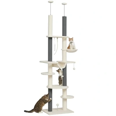 Abbildung von PawHut Kratzbaum Deckenhoch, 225 255 cm, mit Hängematten, Kratzstämmen, Korb, Spielball, Kippschutz, Weiß