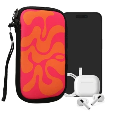 Abbildung von kwmobile Handytasche für Smartphones M 5,5&quot; Neopren Handy Tasche Hülle Cover Case Schutzhülle Abstrakte Welle Pink Orange 15,2 x 8,3 cm Innenmaße