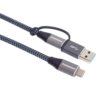 Abbildung von PremiumCord USB 3.2 Gen 2 Typ C Kabel, Stecker auf Stecker, Laden bis 5A, 100W, Super Speed 20 Gbit/s, Aluminium Steckerkappen, Baumwollgeflecht + Reduktion C/USB A, Länge 2m