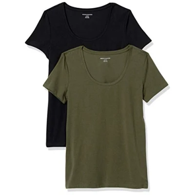 Abbildung von Amazon Essentials Damen Kurzärmliges T Shirt mit U Ausschnitt in klassischer Passform (Erhältlich Übergröße), 2er Pack, Dunkles Olivgrün/Schwarz, S