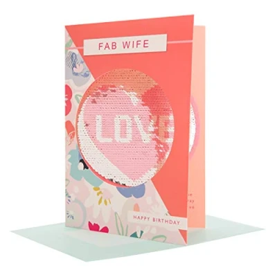 Abbildung von Hallmark Geburtstagskarte für Ehefrau, mit Pailletten, wendbar, Aufschrift &quot;Love&quot; Medium