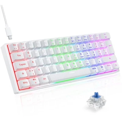 Abbildung von TECURS Gaming Tastatur, Mechanische Tastatur 60% TKL QWERTZ Blaue Schalter, Gamer Kabelgebunden 61 Tasten für PC Windows/PS5/PS4, Weiß