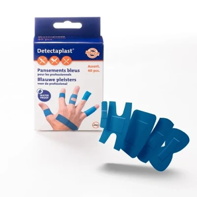 Abbildung von Detectaplast Pflaster wasserfest Universal, blaue Wundpflaster für den Lebensmittelbereich, detektierbare Erste Hilfe, 9 x 38, 19 72, 25 Fingerkuppen und Gelenk, 40 Stück