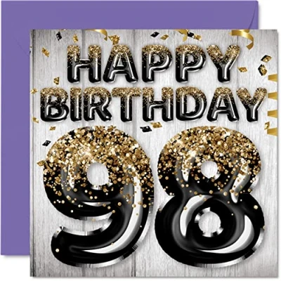 Abbildung von Stuff4 Geburtstagskarte zum 98. Geburtstag für Männer schwarze und goldene Glitzerballons Happy Karten 98 Jahre alten Mann Papa Great Grandad Grandpa Gran 145 mm Ninety 8. Grußkarten Geschenk