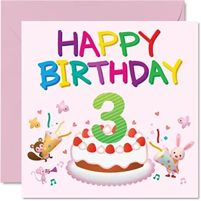 Abbildung von 3. Geburtstagskarte für Mädchen Critter Party Happy Karte 3 Jahre altes Geburtstagskarten sie 145 mm x Grußkarte Tochter Nichte Enkelin Kinder