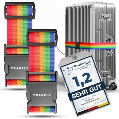 Abbildung von Travely® Premium Koffergurt Besonders Auffällig &amp; Sicher Inkl. 2 Namensschildern Gepäckband ideal über Kreuz [2er Set] Rot Pink Braun