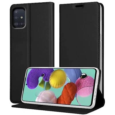 Abbildung von Cadorabo Hülle kompatibel mit Samsung Galaxy A51 5G in Classy SCHWARZ Schutzhülle Magnetverschluss, Standfunktion und Kartenfach