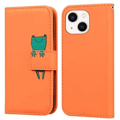 Abbildung von Bartern Handyhülle für Apple iPhone 13,iPhone 13 Hülle,Karikatur Frosch PU Leder Klappbar Wallet Schutzhülle Tasche Klapphülle mit Magnetisch Kartenfach Standfunktion,Orange