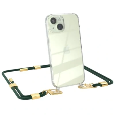 Abbildung von EAZY CASE Handykette mit Karabiner kompatibel iPhone 15 Hülle Silikon Fallschutz transparente Handyhülle für Kette zum Umhängen Schutzhülle in Pinien Grün Clips Gold