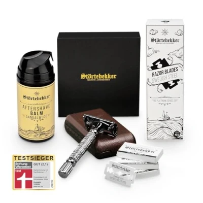 Abbildung von Störtebekker® Anti Hautirritationen Set Für eine perfekte Rasur inkl. Rasierhobel, Rasierklingen, After Shave Balsam Geschenkidee Herren Rasierset/Bartpflege (Schwarz Café)