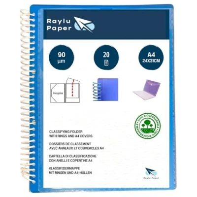 Abbildung von Raylu Paper® Sortiermappe mit Ringen, A4, 90 Mikron und Umschlag Klettverschluss, personalisierbar, 100% biologisch abbaubar. (20 Hüllen, blau)