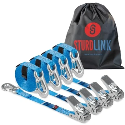 Abbildung von Sturdlink x4 Zurrgurt Set Kleine Ratsche und Verschluss Haken Zweiteilig 25mm 5m Gurtband LC 800daN in U, Befestigung auf Ösen Auto anhänger, Motorrad Quad Bodenanker, Transport, Zurrösen, Vorzelt