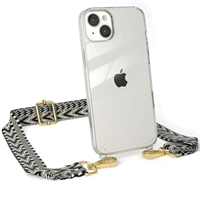 Abbildung von EAZY CASE Handykette Verstellbarer Trageriemen kompatibel mit iPhone 14 Plus, Schulterriemen, schmales Band, Handykordel, Riemen für Handyketten, Grün/Schwarz Metall Gold