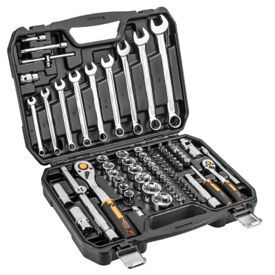 Abbildung von NEO TOOLS Steckschlüssel 1/2&quot;, 1/4&quot; 82 teilig, CrV; zum Schrauben und Lösen; Phillips Bits, Sechskant; Aufbewahrungskoffer; TÜV; Knarreneinsätze, Schraubenschlüssel, Zubehör