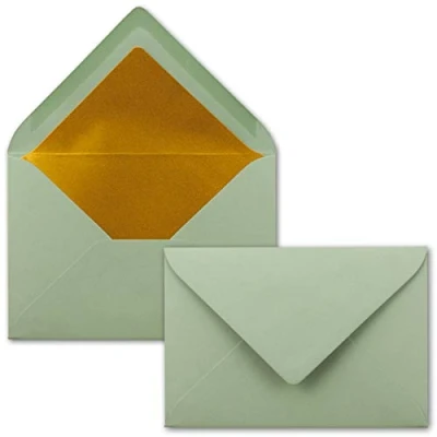 Abbildung von Kuverts in Eukalyptus Grün 75 Stück Brief Umschläge DIN C6 114 x 162 mm 11,4 16,2 cm Naßklebung matte Oberfläche &amp; Gold Metallic Fütterung ohne Fenster für Einladungen