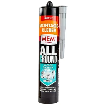 Abbildung von MEM Montage Kleber Allground 3in1, Zum Kleben, Dichten und Füllen, Grau, Wasser UV beständig, Für fast alle Untergründe, Lösemittelfrei, 430 g Kartusche