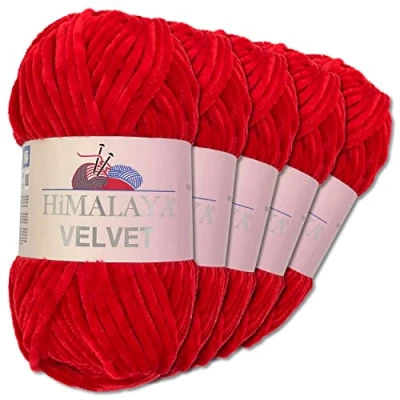 Abbildung von Wohnkult Himalaya 5 x 100 g Velvet Dolphin Wolle 40 Farben zur Auswahl Chenille Strickgarn Glanz Flauschgarn Accessoire Kleidung (90018 Rot)