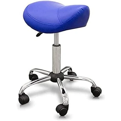 Abbildung von QUIRUMED Pony Hocker, ergonomisch, mit Stahlgestell, Blaue Farbe, Kunstlederpolsterung, höhenverstellbar, gepolsterter Sitz, drehbare Räder, bis 150 kg
