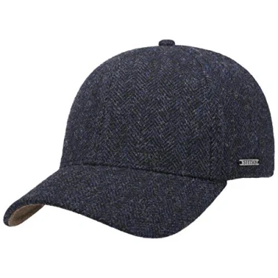 Abbildung von Stetson Plano Wool Cap Herren Baseballcap mit Schirmunterseite aus Leder Herrencap Herringbone Design Kappe Baumwollfutter Basecap Herbst/Winter Wintercap schwarz blau XXL (62 63 cm)