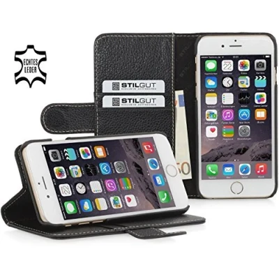 Abbildung von STILGUT Leder Hülle kompatibel mit iPhone 6s Plus Kreditkarten Fächern, Lasche und Standfunktion, schwarz