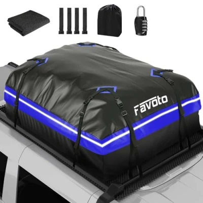 Abbildung von Favoto Dachtasche Faltbarer 425L Dachbox Dachkoffer wasserdicht mit Antirutschmatte Türhaken Verstärkungsgurte für PKW Autos SUVS mit/ohne Gepäckträger Reisen Gepäcktransport Blau