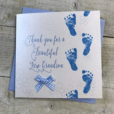 Abbildung von WHITE COTTON CARDS WB224 BGS Glückwunschkarte mit Aufschrift Thank You for A Beautiful New Grandson, handgefertigt, Fußabdrücke