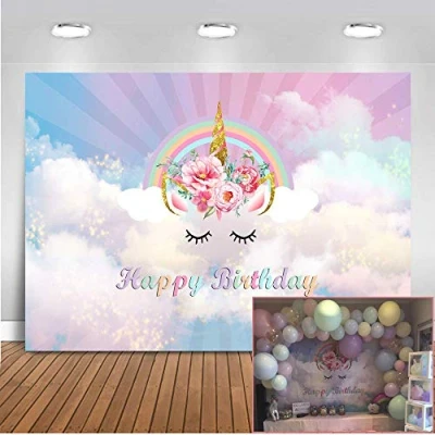 Abbildung von Mehofoto Geburtstag Einhorn Blume Hintergrund 7x5ft Vinyl Regenbogen Kinder Party Dekoration Foto Kulissen Nahtlose Banner Fotografie