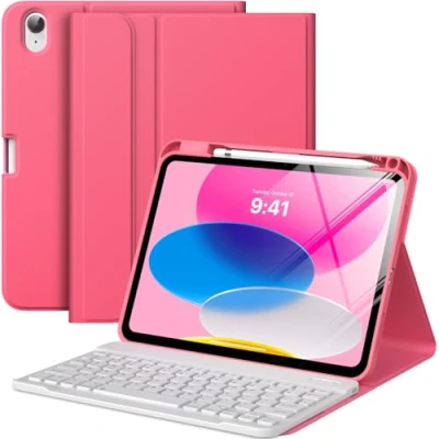 Abbildung von MoKo Tastatur Hülle für iPad 10th Generation 2022, 10,9 Zoll, Multi Winkel Magnetische Tablet mit Abnehmbar QWERTY Layout Bluetooth Keyboard Case Wassermelone Rot