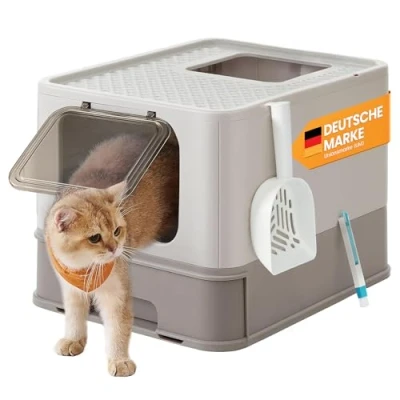 Abbildung von Feandrea Katzenklo, Katzentoilette, mit Deckel, ausziehbares Tablett, geräumig für Katzen bis 15 kg, weniger Spuren, auslaufsicherer Boden, haferflockenfarben warmgrau PPT001G01