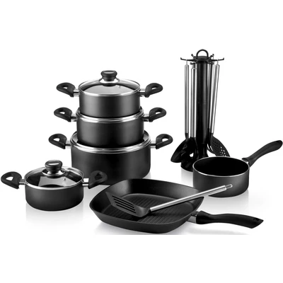 Abbildung von Krüger Topf Set &quot;Aluguss und Pfannenset inkl. praktischen Küchenhelfern, 17 tlg.&quot;, Aluminiumguss, (Set, tlg., Fleischtopf 16/18/20/24cm, Stieltopf 16cm Steakpfanne 7 T.Küchenhelfer), tlg. Küchenhelfer