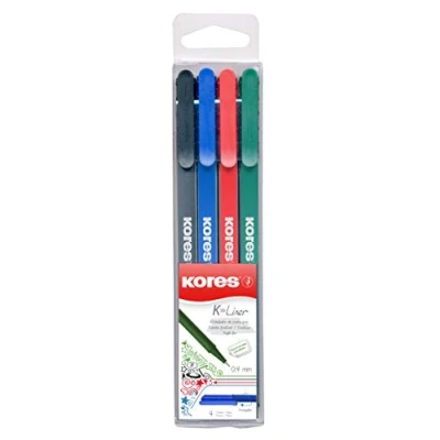 Abbildung von Kores K Liner: Farbige Fineliner, 0,4 mm Fine Point Stifte zum Schreiben, Skizzieren und Zeichnen, metallgefasste Spitze, dreieckige ergonomische Form, Schul Bürobedarf, 4er Pack