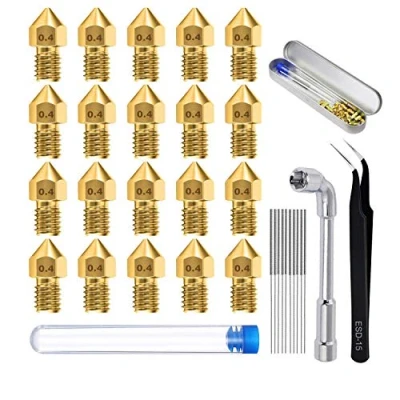 Abbildung von 0.4 mm 3D Drucker Düsen/MK8 Extruder Messing Nozzle Set (20 Stück), Zubehör für 1.75 mit 0.35 Düsenreiniger Tool(10 Demontagewerkzeug,Metall Aufbewahrungsbox