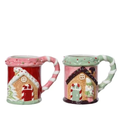 Abbildung von Tasse Lebkuchenhaus 11cm x 1 Stück Sortiert handgemachte Keramik Teetasse mit Henkel Keramiktasse als Weihnachtstasse Teebecher Kaffeetasse Tassen &amp; Becher Geschenk Rosa Grün