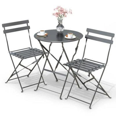 Abbildung von VOUNOT Bistroset 3 teilig, Klappbar Bistrotisch mit 2 Stühlen, Gartenmöbel Set Balkonset Gartengarnitur, Sitzgruppe Metall, Bistro Outdoor, Grau