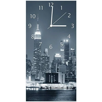 Abbildung von Wallario Design Wanduhr, Acrylglasuhr Größe 30 x 60 cm, weiße Zeiger, Motiv New York Skyline Schwarz Weiß Blau